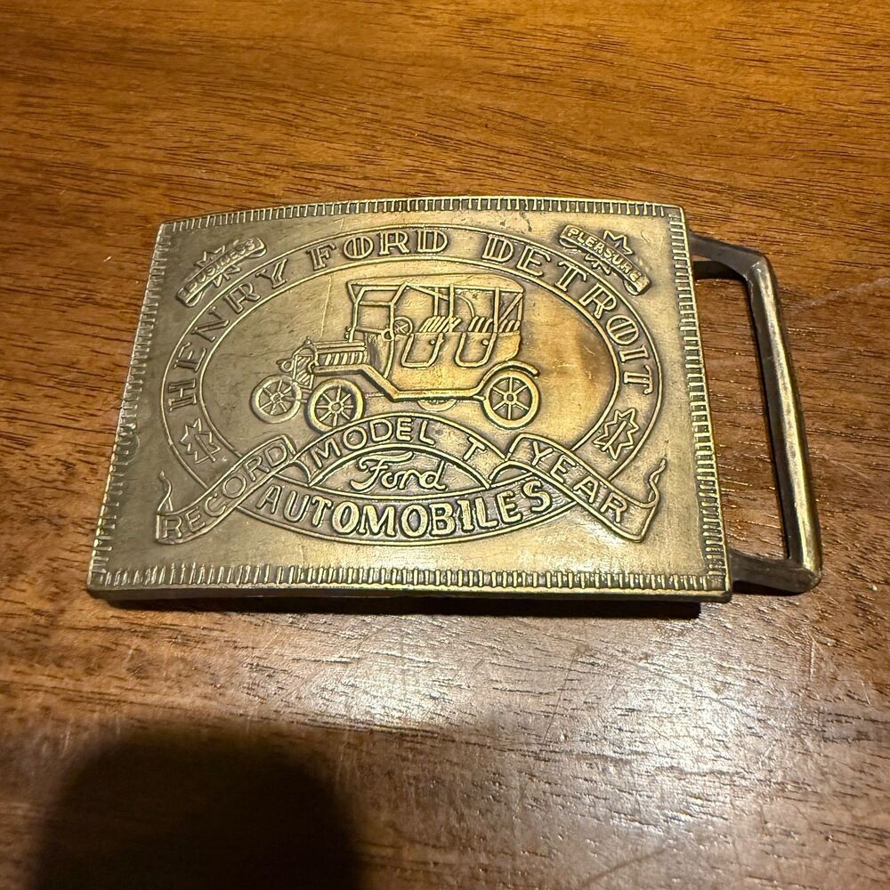 Vintage Henry Ford Detroit Model T Belt Buckle Brass Record Year Automobile